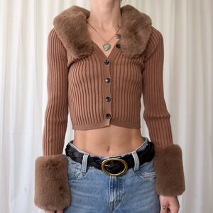 Brown Faux Fur Trim Cardigan Cropped Button Up Fur Collar Cuffs Knit Women's‎ S